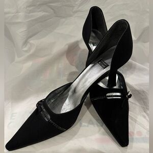 Stuart Weitzman black Kitten Heels with black Rhinestones and Bow